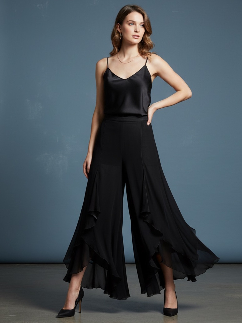 Maria Grazia Severi Model B502 Black Ruffle Wide-Leg Palazzo Butterfly Pants 14